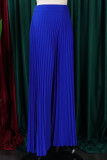 Blaue, lässige, solide Patchwork-Faltenhose mit hoher Taille, gerade und einfarbig