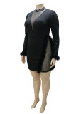 Black Sexy Solid Patchwork Feathers Hot Drill O Neck Pencil Skirt Plus Size Dresses