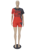 Black Red Fashion Casual Print Basic O Neck Short Sleeve Two Pieces