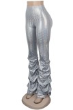 Серебряные повседневные однотонные брюки с завышенной талией стандартного размера