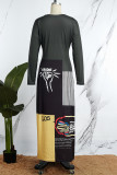 ブラック ホワイト カジュアル プリント パッチワーク O ネック ロング スリーブ ドレス