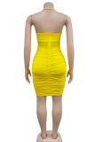 Yellow Sexy Solid Patchwork Feathers Fold Halter Pencil Skirt Dresses