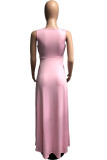 Розовое модное повседневное сплошное лоскутное платье без рукавов с v-образным вырезом и разрезом