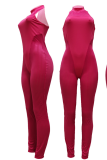 Rose Red Sexig Solid Mesh Halter Skinny Jumpsuits