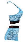 Light Blue Sexy Casual Print Backless U Neck Sleeveless Two Pieces
