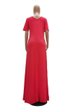 Red Fashion Casual Solid Basic V Neck Short Sleeve Dress