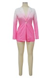 Pink Casual Gradual Change Print Patchwork Turn-back Collar Long Sleeve Two Pieces