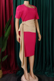 Розово-красные повседневные однотонные лоскутные повязки с асимметричным воротником и юбкой в ​​один шаг платья