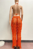 Orange Fashion Casual Solid Tassel Hollowed Out Backless Spaghetti Strap Sleeveless Two Pieces