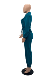 Blue Street Solid Draw String Turndown Collar Long Sleeve Two Pieces