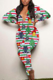 Khaki Sexy Party Patchwork Print Weihnachtsmann V-Ausschnitt Skinny Jumpsuits