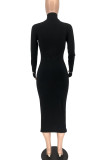 Black Casual Solid Embroidered Patchwork Zipper Collar One Step Skirt Dresses