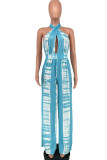 Blau Sexy Print Patchwork Backless Halfter Straight Jumpsuits