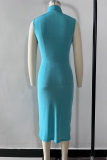 Blue Elegant Solid High Opening Fold Turtleneck Wrapped Skirt Dresses