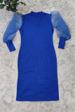 ブルー ファッション カジュアル ソリッド パッチワーク スリット O ネック長袖プラス サイズ ドレス