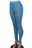 Light Blue Sexy Solid See-through Skinny High Waist Pencil Solid Color Trousers