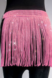 Pink Sexy Solid Patchwork Sequined Hot Drill High Waist Straight Solid Color Bottoms