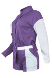 Purple Casual Solid Patchwork Buckle Turndown Collar Long Sleeve Two Pieces