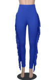 Pantalones lápiz de cintura alta regular con borlas sólidas informales de moda azul