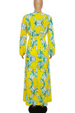 Gele casual elegante print patchwork V-hals rechte jurken