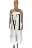 White Fashion Off The Shoulder Sleeveless Slip Swagger Knee-Length Print Dresses