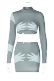 White Sexy Print Patchwork Turtleneck Long Sleeve Two Pieces