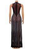 Black Sexy Patchwork Hot Drilling See-through Backless Bandage Crystal Half A Turtleneck Sleeveless Dress (Without Gloves)