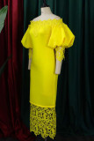 黄色の上品無地パッチワークオフショルダーワンステップスカートドレス(ブローチなし)