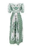 Green Casual Print Patchwork Off the Shoulder Long Dress (Without Belt)