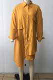 Yellow Casual Solid Patchwork Buckle Asymmetrical Turndown Collar Shirt Dress Dresses