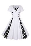ブラック ホワイト カジュアル カレッジプリント パッチワーク Vネック Aライン ドレス