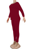 Burgundy Fashion Casual Solid Basic O Neck Long Sleeve Two Pieces