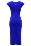Black Casual Solid Patchwork Slit O Neck One Step Skirt Short Sleeve Dress