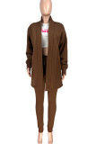 Dark Brown Casual Solid Patchwork Cardigan Collar Long Sleeve Two Pieces