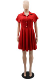 Red Casual Solid Patchwork Turndown Collar Short Sleeve Dress