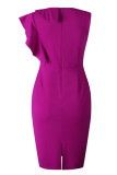 Purple Casual Elegant Solid Flounce Zipper O Neck Wrapped Skirt Dresses