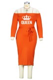 Tangerine Red Casual Letter Print With Belt Off the Shoulder One Step Skirt Plus Size Dresses