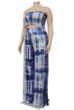 Blue Casual Print Tie Dye Backless Strapless Plus Size Two Pieces