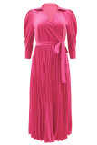 Rose Red Elegant Solid Patchwork Frenulum Vik POLO krage Plisserade klänningar (med skärp)