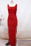 Red Sexy Elegant Solid Tassel Sequins Patchwork Slit U Neck Evening Dress Dresses
