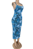 Королевский синий сексуальный принт в стиле пэчворк спагетти ремень юбка-карандаш платья