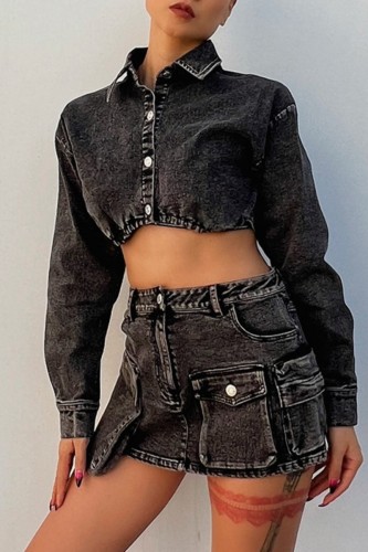 Grey Casual Turndown Collar Long Sleeve Denim Crop Jackets And Cargo Mini Skirts Two Pieces Dress Sets