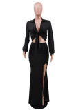 Black Fashion Casual Solid Slit V Neck Long Sleeve Two Pieces