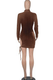 Coffee Sexy Solid Bandage Hollowed Out Patchwork Half A Turtleneck Pencil Skirt Dresses
