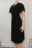 Черные элегантные однотонные плиссированные платья больших размеров в стиле пэчворк с V-образным вырезом