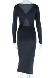 Black Sexy Casual Solid Hollowed Out V Neck Long Sleeve Dresses