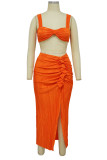 Tangerine Red Sexy Solid Patchwork Fold Asymmetrical Spaghetti Strap Sleeveless Two Pieces
