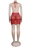 Красное сексуальное лоскутное горячее бурение повязки с открытой спиной Холтер платье без рукавов платья