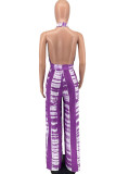Purple Sexy Print Patchwork Backless Halter Straight Jumpsuits