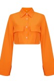 Orangefarbene, lässige, solide Patchwork-Oberteile mit Hemdkragen